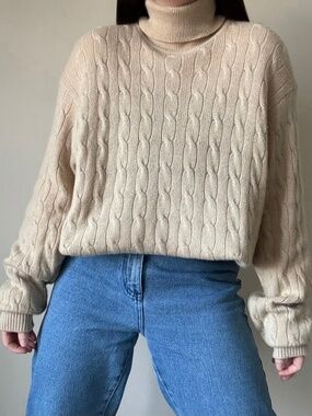 Vintage Polo Ralph Lauren 100% Cashmere Cable Knit Turtleneck Sweater in Oat